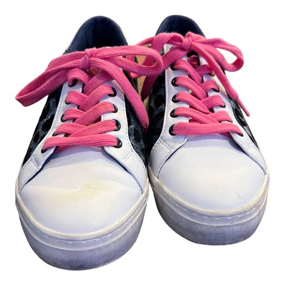 NINE WEST Women's Best Pink Lace Up Sneaker Blue Cheetah Sherpa Tongue 8.5 M - Picture 2 of 5